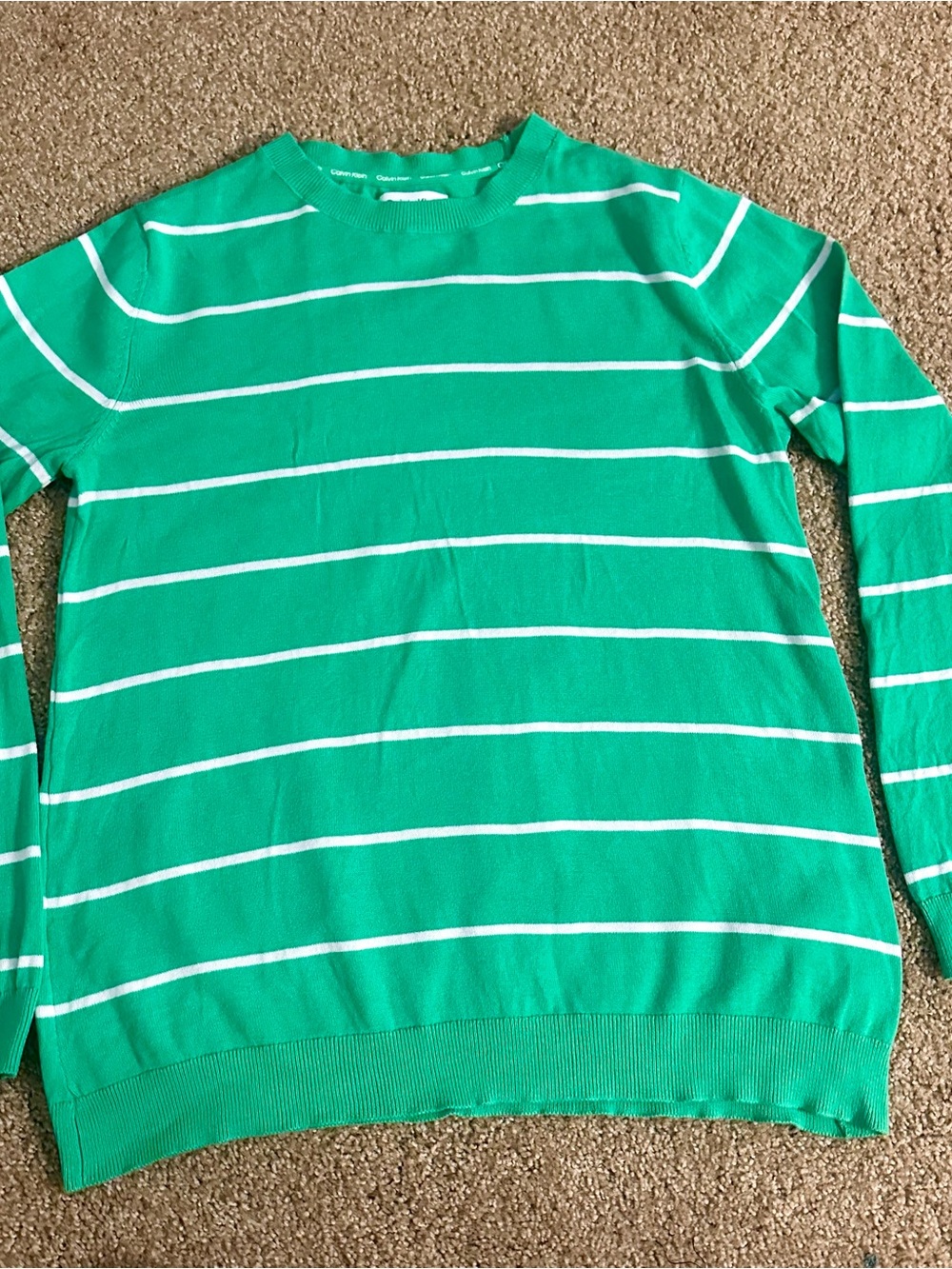 Calvin Klein Green and White Striped Crewneck Sweater
